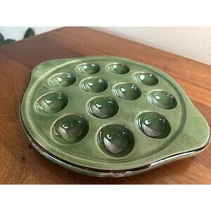 Vintage Green Ceramic Escargot Dish 12-Well Snail Plate Garlic Butter Baker